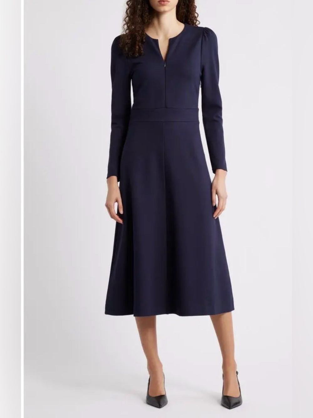 Caslon Navy Half-Zip Long Sleeve Ponte Fit & Flare Midi Dress Size S